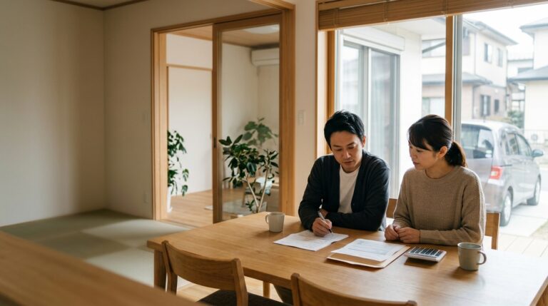 自動車保険の更新案内と電卓を前に保険料を確認する日本人夫婦