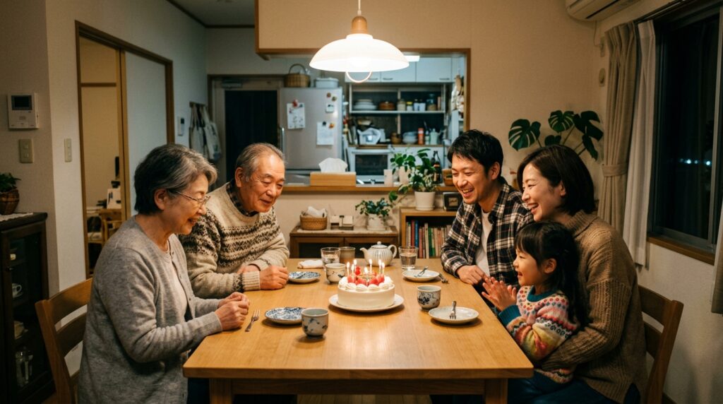 予約したクリスマスケーキを囲んで笑顔で過ごす三世代の家族