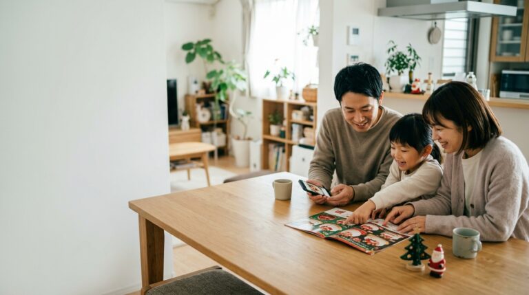 クリスマスケーキのカタログを見ながら予約日を話し合う家族