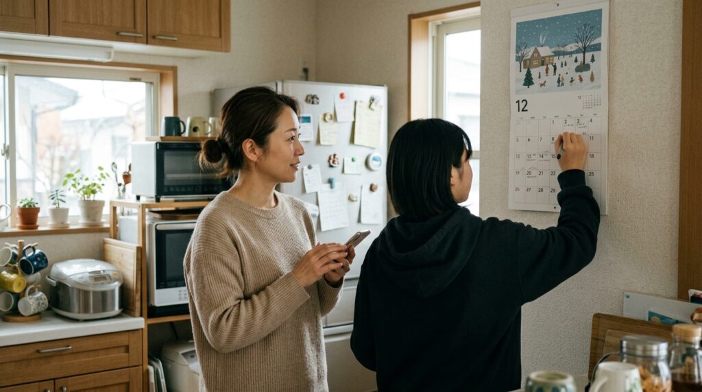 カレンダーを見ながらケーキの受取日を決める母と娘