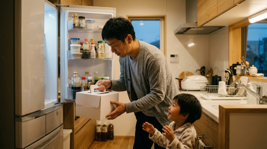 冷蔵庫から解凍したケーキの箱を取り出す父親