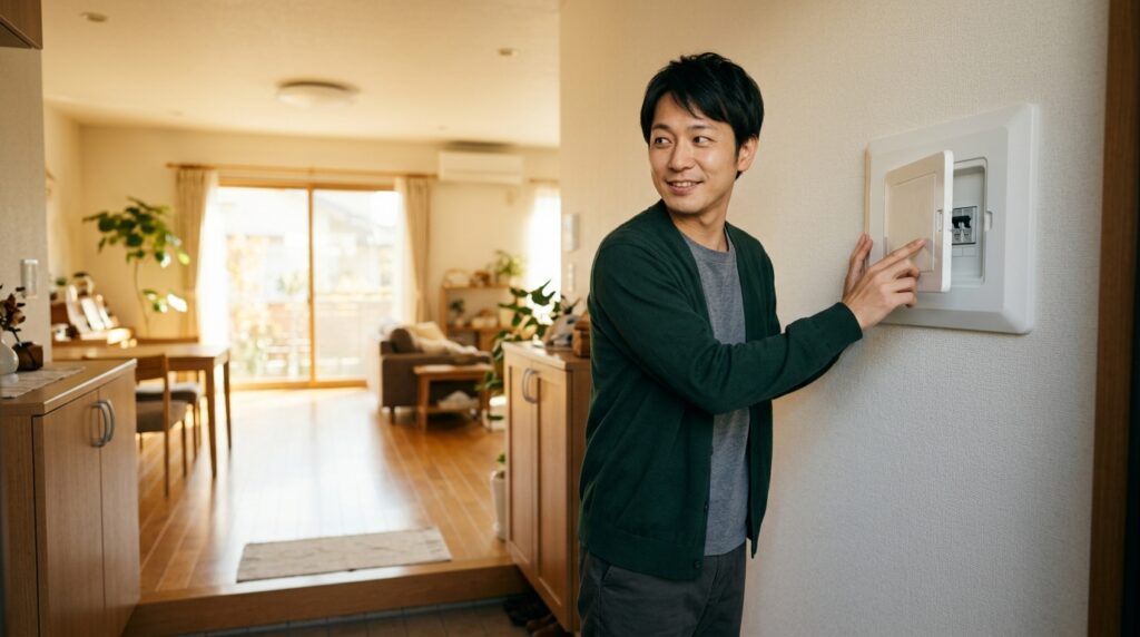 分電盤を確認し終えて安心した表情で家族に声をかける男性