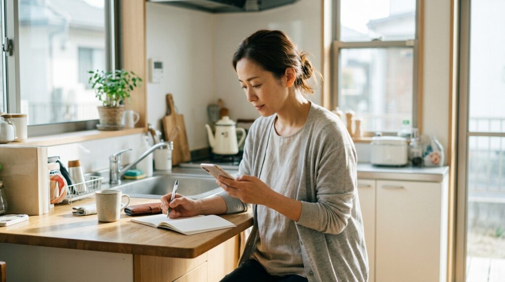 スマートフォンで電力会社のマイページを確認する女性