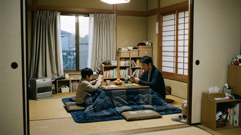 こたつと電気毛布で暖まりながら読書する日本人家族