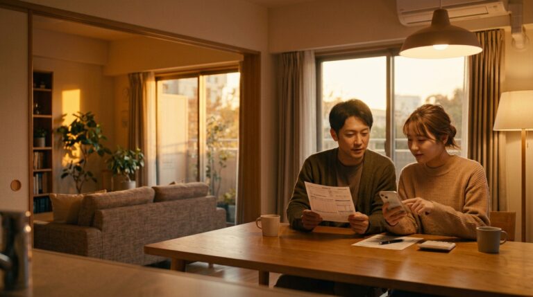 電気料金の明細を見ながら家計を見直す日本人夫婦
