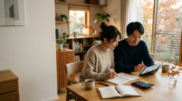 自宅のテーブルでふるさと納税の返礼品カタログとタブレットを見比べる夫婦