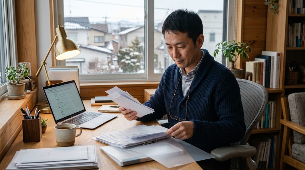 書斎の机で寄附金受領証明書とワンストップ特例の申請書を整理する男性