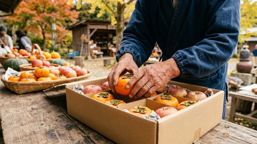 地方の直売所で旬の果物を箱詰めする生産者の手元
