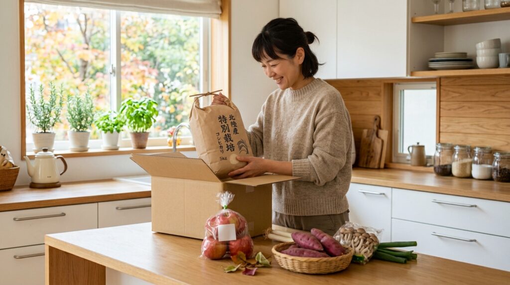 キッチンで返礼品の段ボールを開け、お米や野菜を取り出す女性