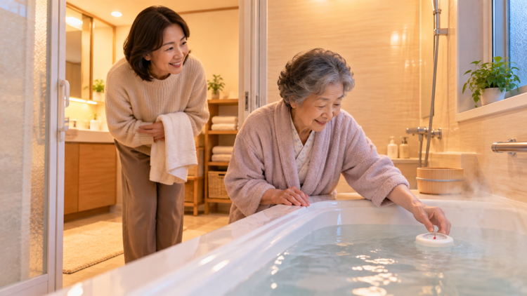 暖かい浴室で湯加減を確かめる高齢の女性と見守る娘