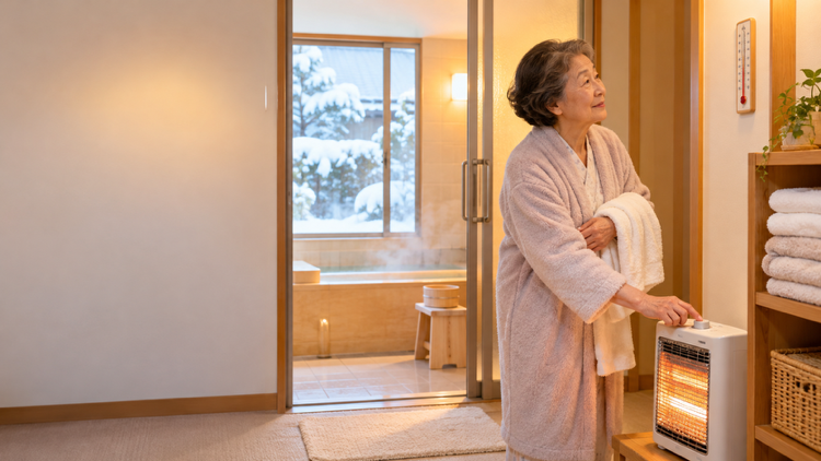 冬の脱衣所で小型ヒーターをつけて入浴の準備をする高齢の女性