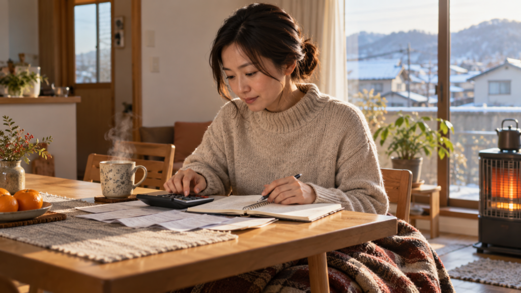 電卓と電気料金の明細を見ながら暖房費を計算する日本人女性