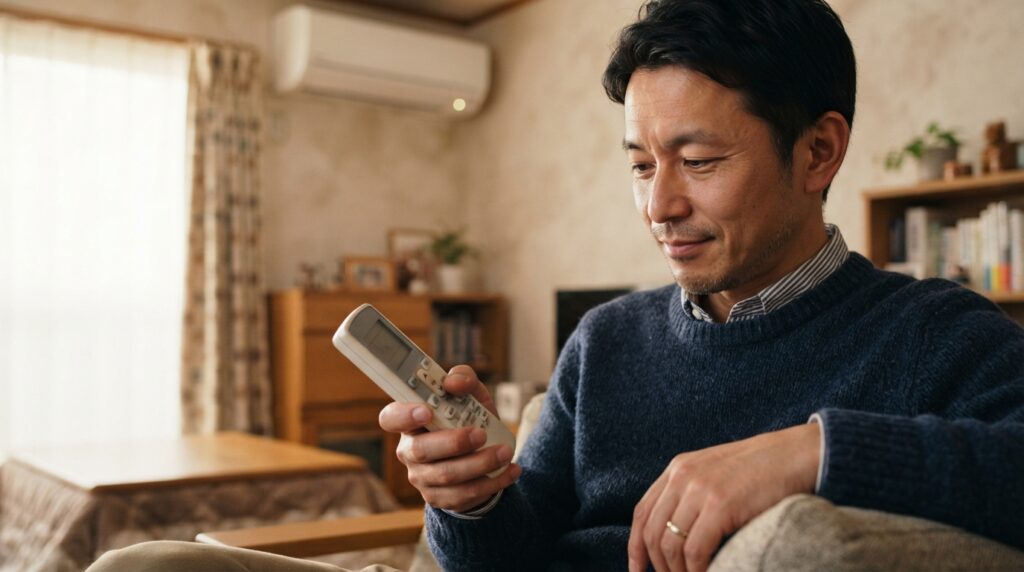 エアコンのリモコンで暖房の設定温度を調整する日本人男性の手元