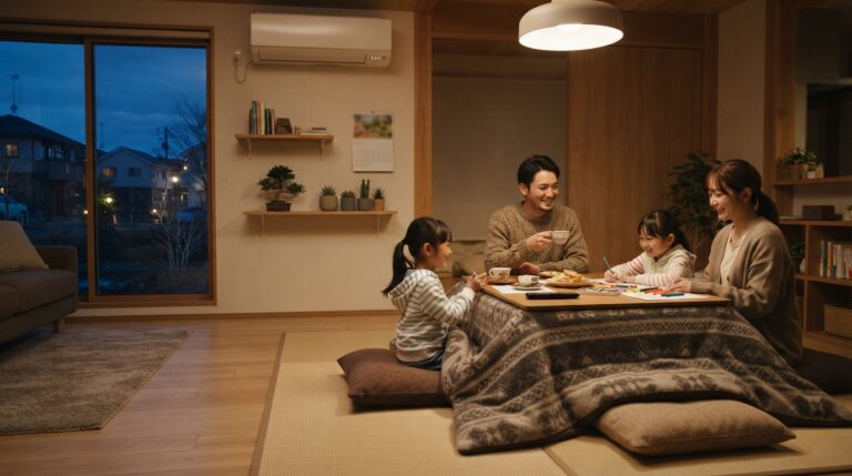 冬のリビングでこたつと電気毛布を使いながらくつろぐ日本人家族