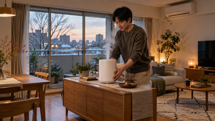 リビングの中央寄りの台の上に加湿器を置く男性
