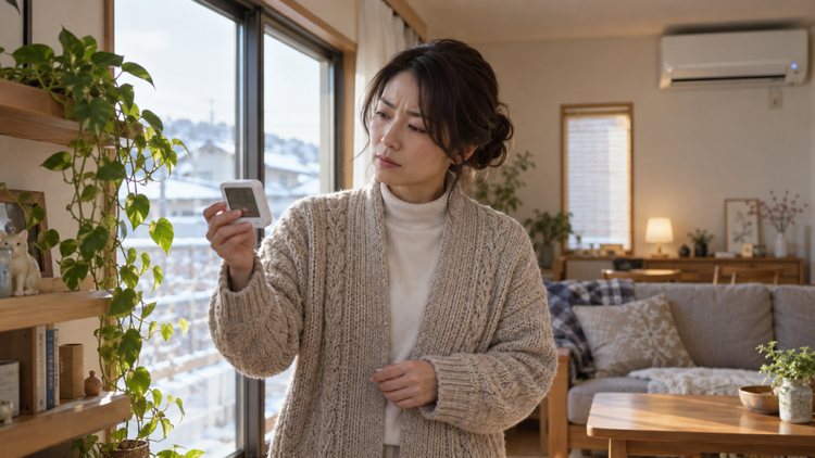 冬の朝、リビングの温湿度計を見て首をかしげる女性