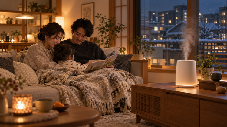 加湿器のある暖かいリビングで、家族が安心した表情でくつろぐ冬の夜
