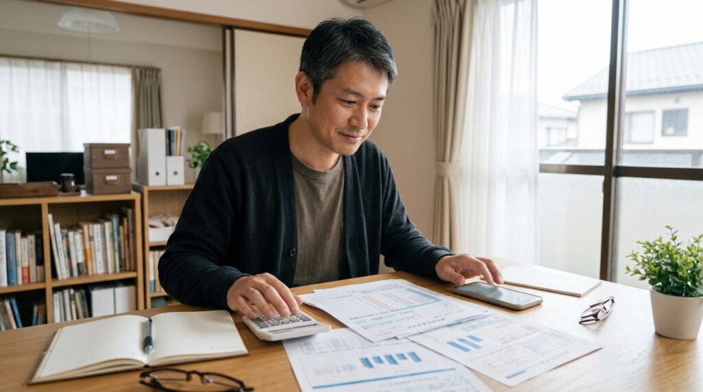 在宅で確定拠出年金の書類と電卓を前に掛金額を考える40代の男性