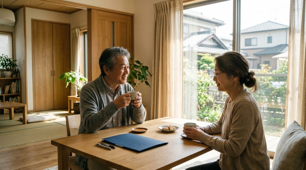 積み立ての見直しを終えて安心した表情で窓辺でお茶を飲む60代の夫婦