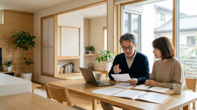 iDeCoの改正内容を自宅のダイニングで確認する50代の夫婦