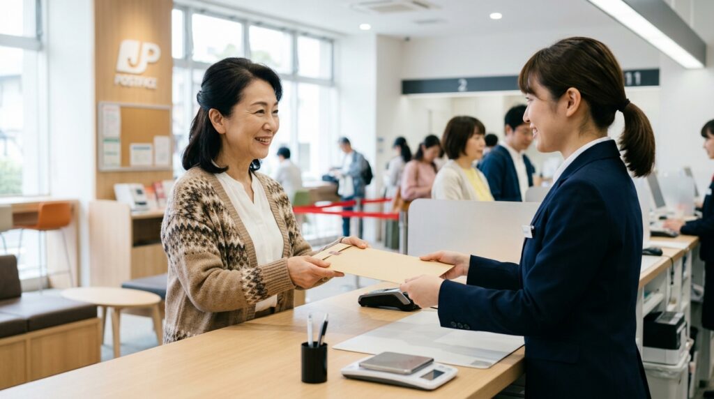 郵便局の窓口でiDeCoの書類が入った封筒を差し出す60代の女性