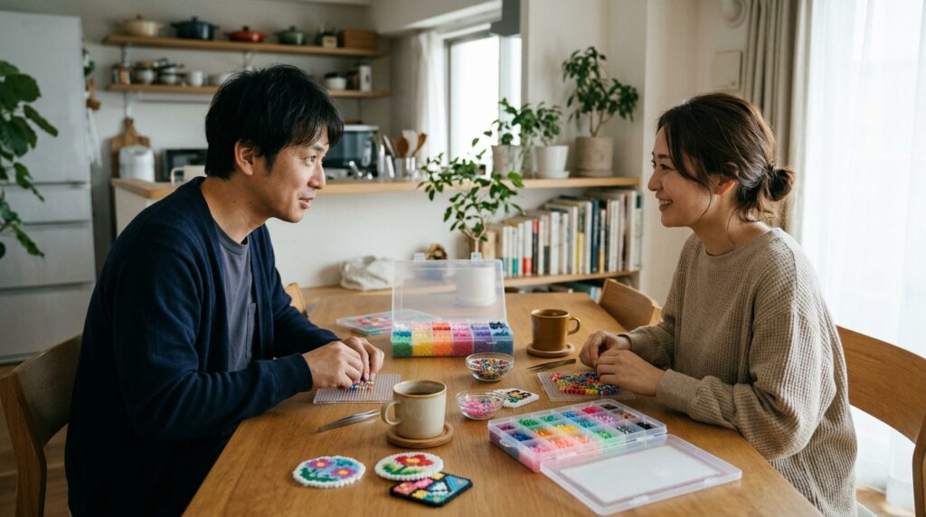 休日の午後に夫婦でアイロンビーズを並べて会話を楽しむ様子