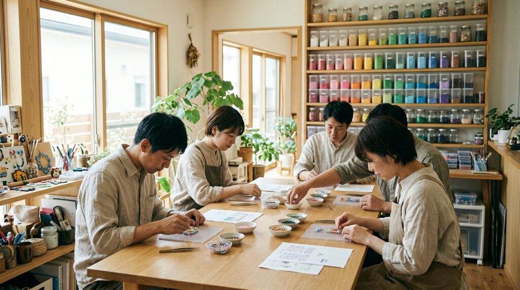 明るいクラフト体験スペースで大人たちが黙々とビーズを並べる様子