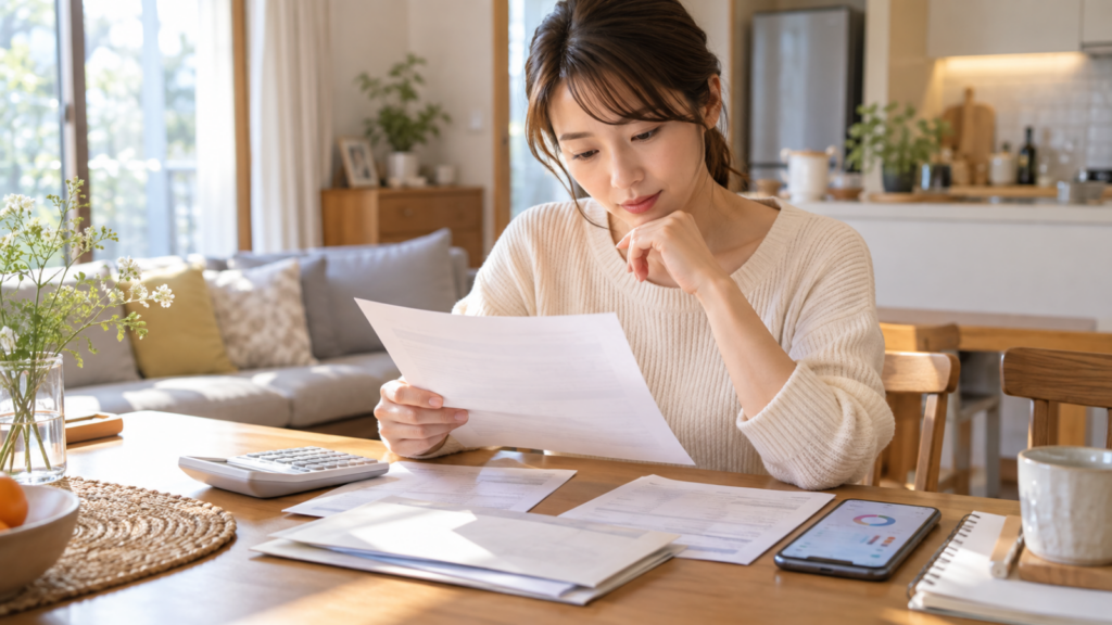 住宅ローンの返済予定表と電卓を前に考える日本人の女性