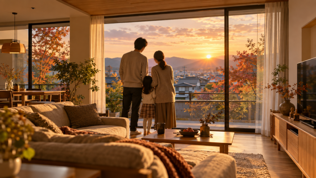 住宅ローンの見直しを終えて安心した表情で窓辺に立つ日本人の家族