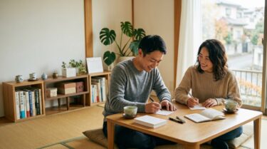 テーブルで2027年の年賀状を書く日本人の家族と、傍らに置かれた年賀はがきの束