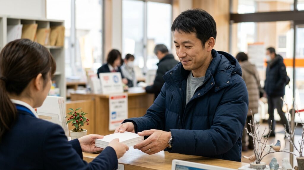 郵便局の窓口で年賀はがきの束を受け取る40代の男性と、年賀状の案内が掲示されたカウンター