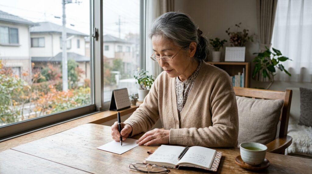 窓辺の机で便箋に向かい、落ち着いた表情で手紙を書く60代の日本人女性