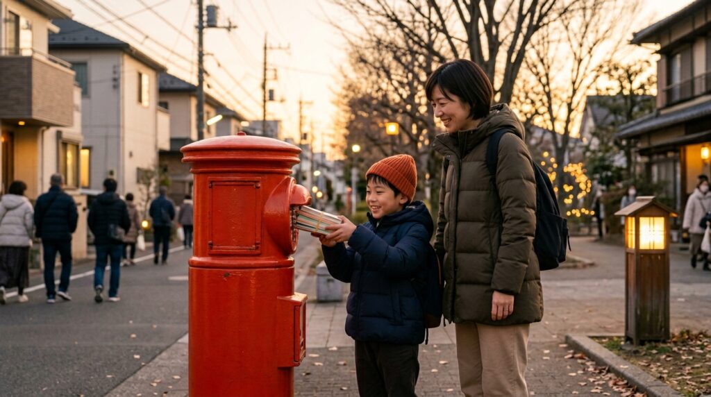 冬の夕方、街角の郵便ポストに年賀状の束を投函する日本人の親子