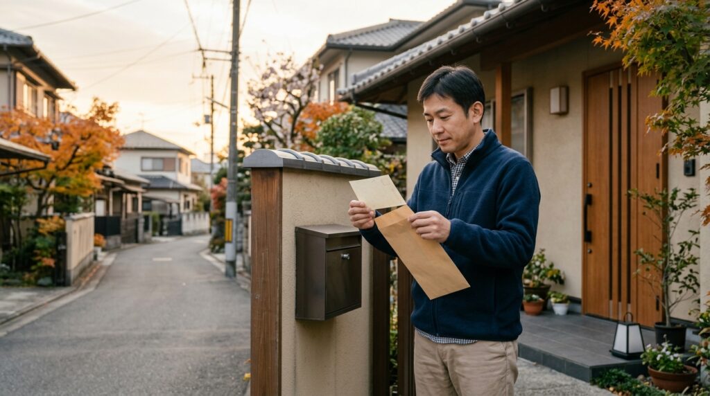 封筒から届いた控除証明書のはがきを取り出して内容を確かめる40代の男性