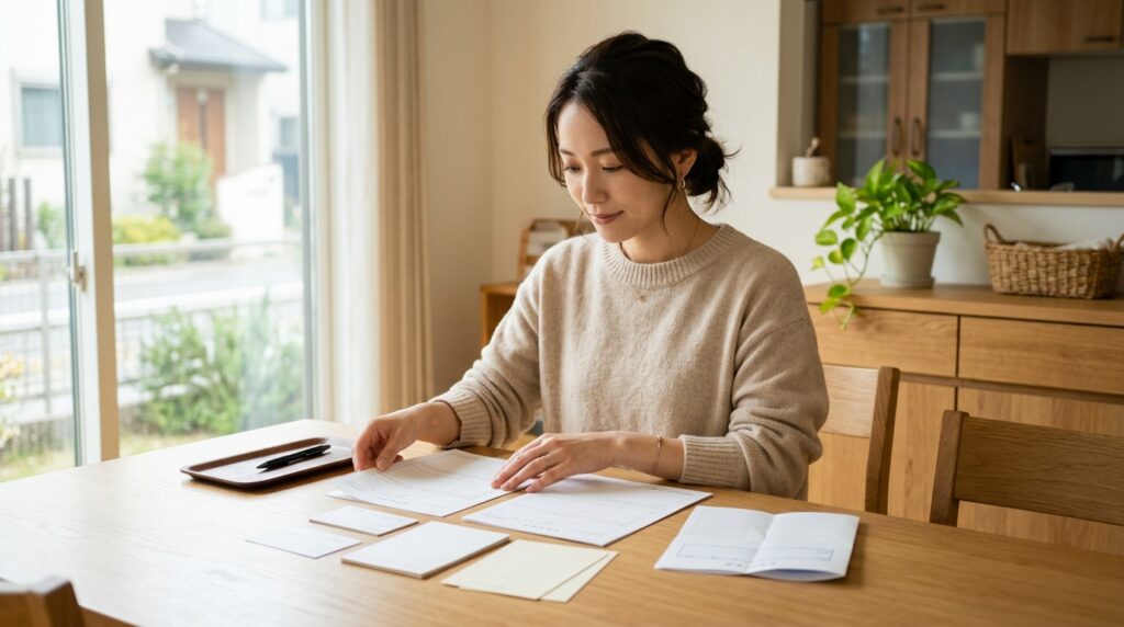 ダイニングテーブルで年末調整の申告書と控除証明書のはがきを並べて確認する30代の女性