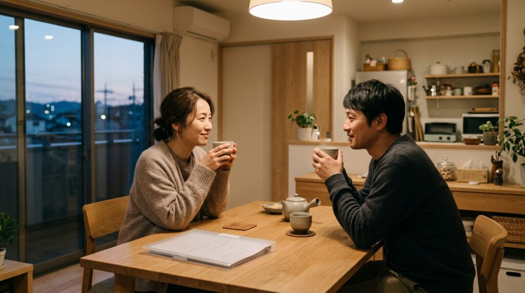 記入を終えた書類をクリアファイルにしまい、ほっとした表情でお茶を飲む夫婦