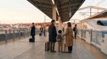 新幹線のホームで列車を待つ日本人の家族と料金のイメージ