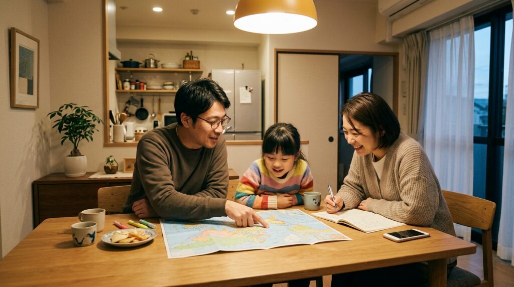 旅行の予約を終えて家族で旅の計画を話し合う日本人の夫婦と子ども
