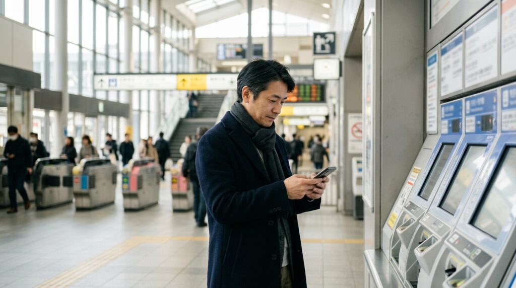 駅の券売機の前で新幹線の料金表を確認する日本人の男性