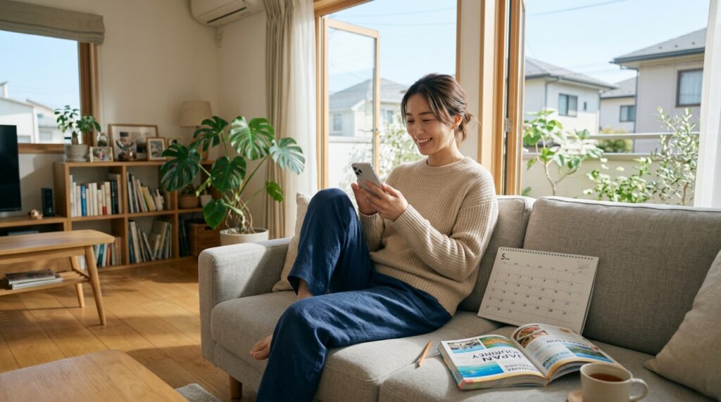 リビングのソファでスマートフォンから新幹線を予約する日本人の女性