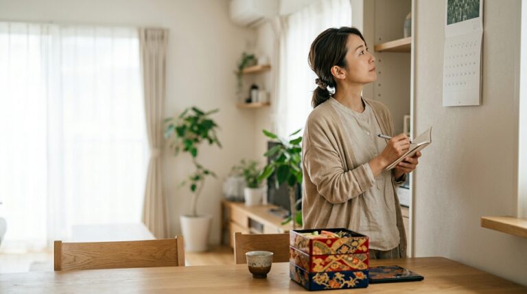重箱に詰めたおせち料理とカレンダーを前に、予約の締切を確認する日本人女性
