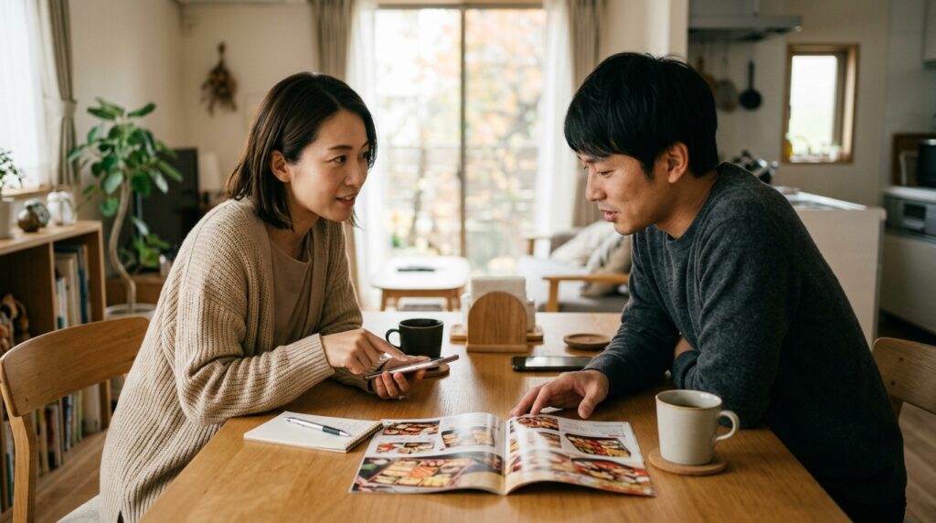 テーブルでおせちのカタログとスマホを見比べながら予約を相談する30代の日本人夫婦