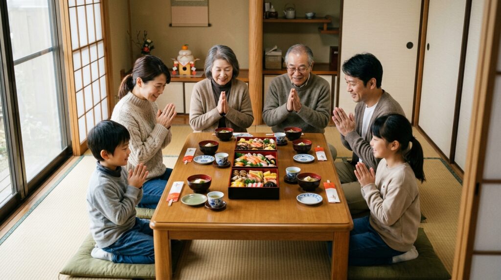 元日の朝、重箱のおせちを囲んで笑顔で食卓につく三世代の日本人家族