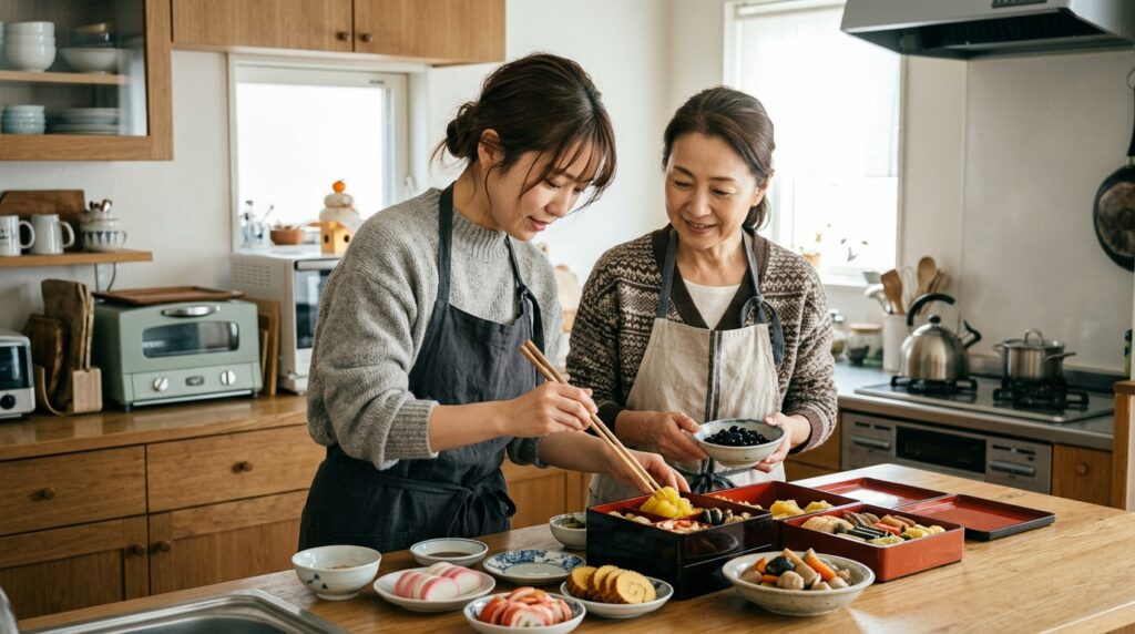 キッチンで黒豆と煮しめを作りながら、買ってきた栗きんとんを重箱に詰める日本人の親子