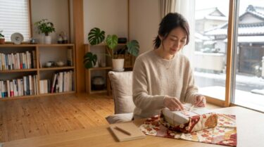 のしを掛けたお歳暮の箱をリビングで丁寧に包む女性