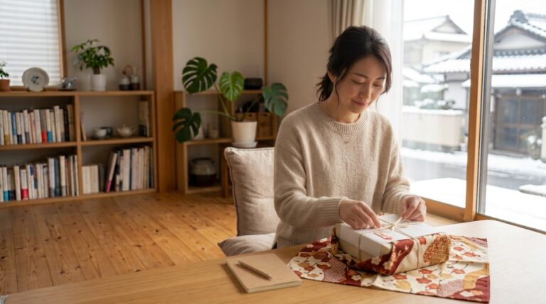のしを掛けたお歳暮の箱をリビングで丁寧に包む女性