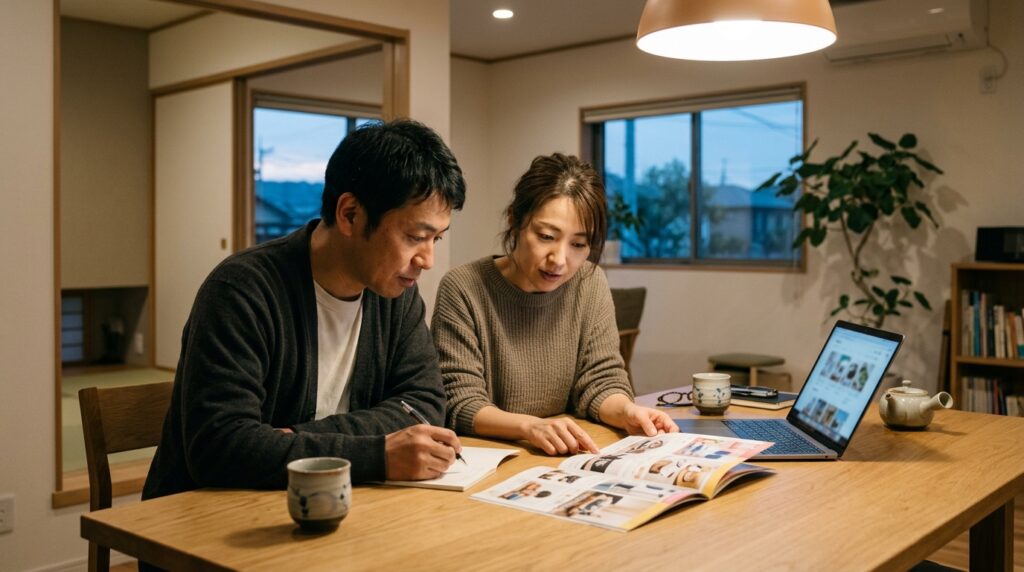 家族がダイニングでギフトカタログを広げてお歳暮を選んでいる様子