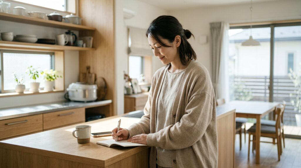 お歳暮の手配を終えて手帳のリストにチェックを入れる女性