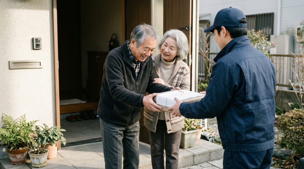 玄関先でお歳暮の箱を受け取り笑顔を見せる高齢の夫婦