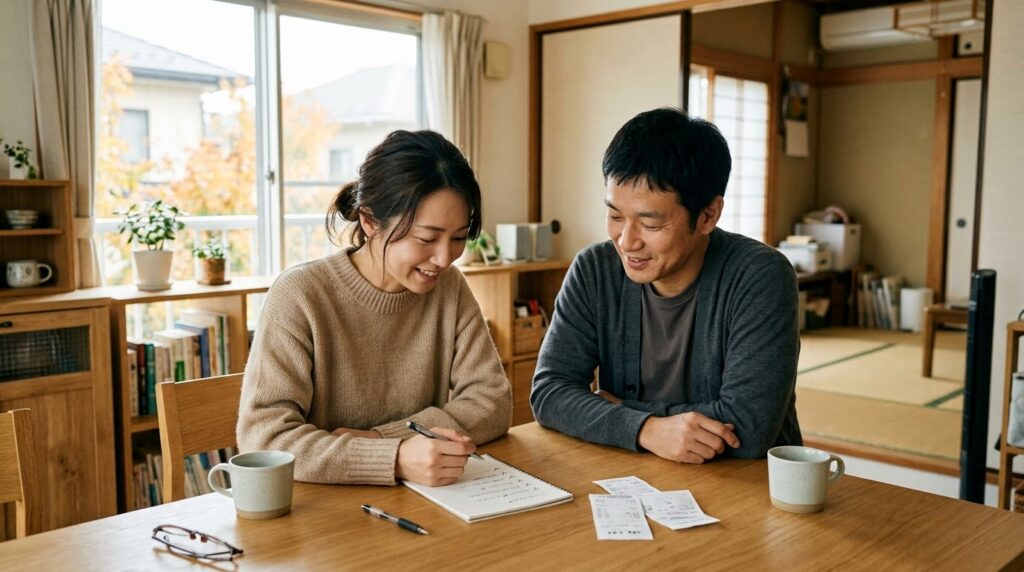 買い物リストを確認し終えて安心した表情でキッチンの食品棚を眺める日本人夫婦